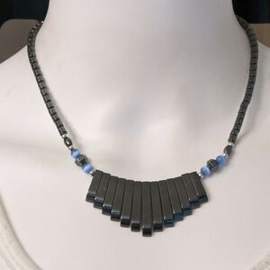 Vintage hematite fringe bib blue iridescent cats eye silver bead necklace